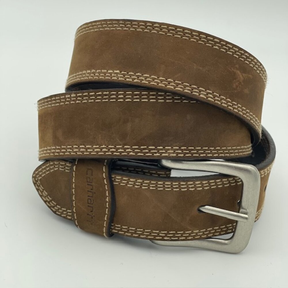 Carhartt Detroit Top Grain Leather Brown Size 42 Belt Triple Stitch Classic Logo